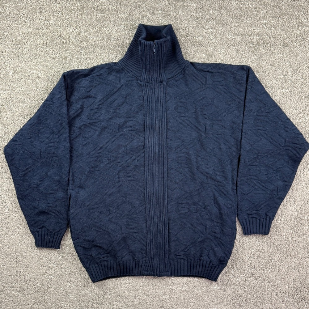 Towncraft Full Zip Sweater Mens Medium Navy Blue Textured Geometric Knit Vintage